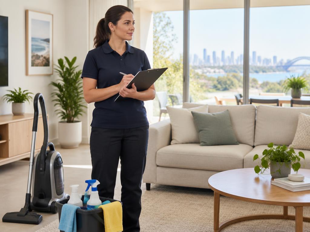 Cleaner inspecting a freshly cleaned living room